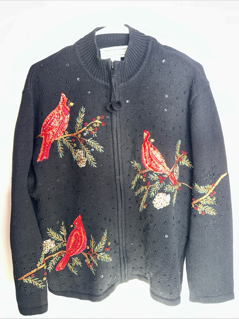 Embellished Cardinal Zip-Front Cardigan Sweater - Black